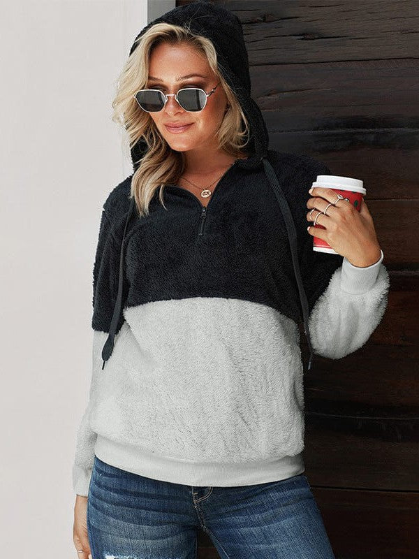 Fashionable Women's Color Block Plush Hoodie Sweatshirt with Hood