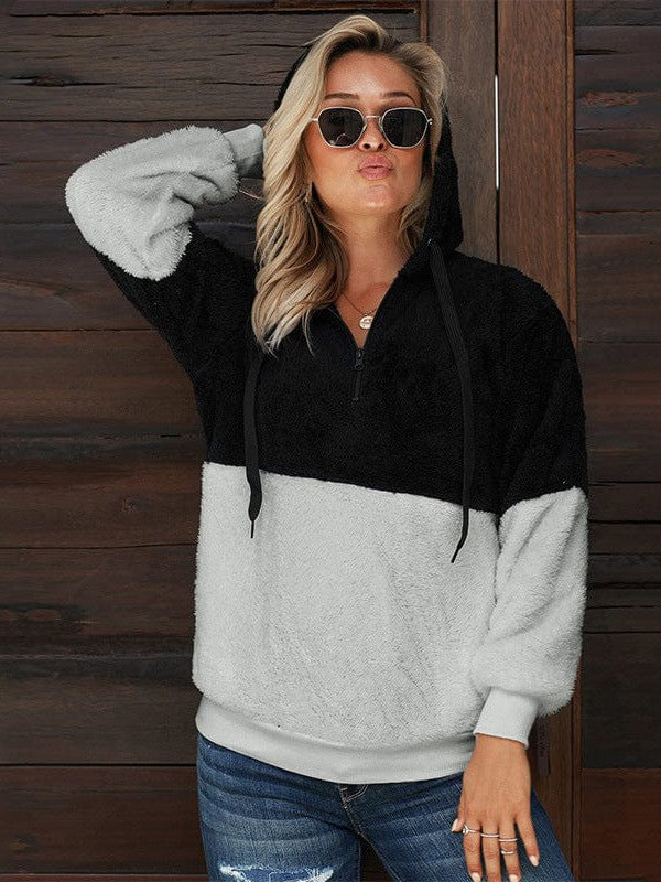 Fashionable Women's Color Block Plush Hoodie Sweatshirt with Hood