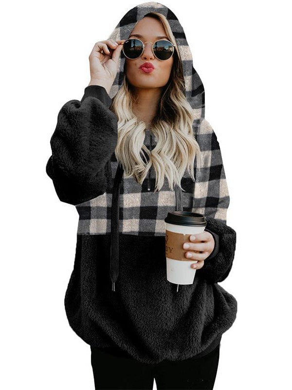 Fashionable Women's Color Block Plush Hoodie Sweatshirt with Hood