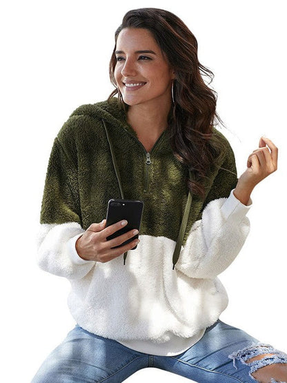 Fashionable Women's Color Block Plush Hoodie Sweatshirt with Hood