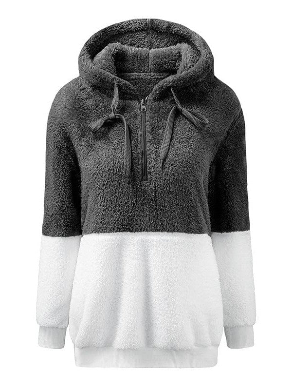 Fashionable Women's Color Block Plush Hoodie Sweatshirt with Hood