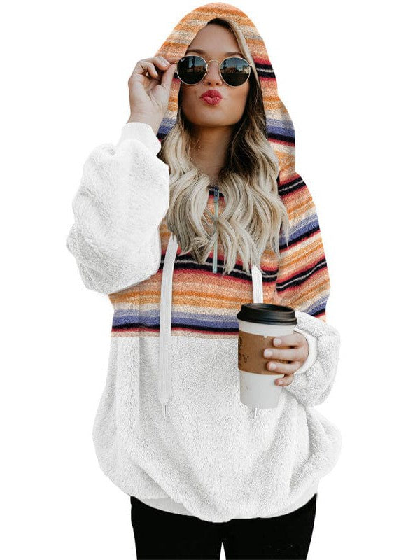 Fashionable Women's Color Block Plush Hoodie Sweatshirt with Hood