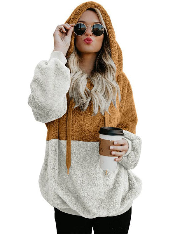 Fashionable Women's Color Block Plush Hoodie Sweatshirt with Hood
