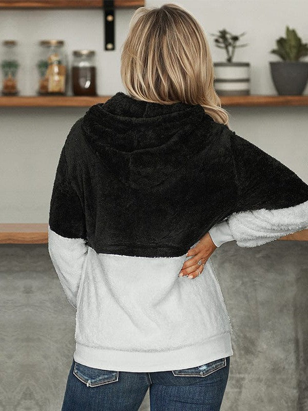 Fashionable Women's Color Block Plush Hoodie Sweatshirt with Hood