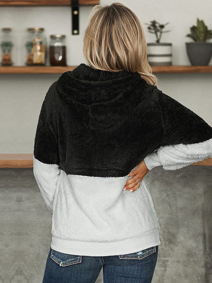 Fashionable Women's Color Block Plush Hoodie Sweatshirt with Hood