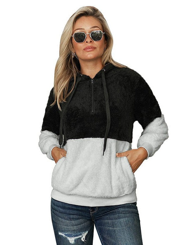 Fashionable Women's Color Block Plush Hoodie Sweatshirt with Hood