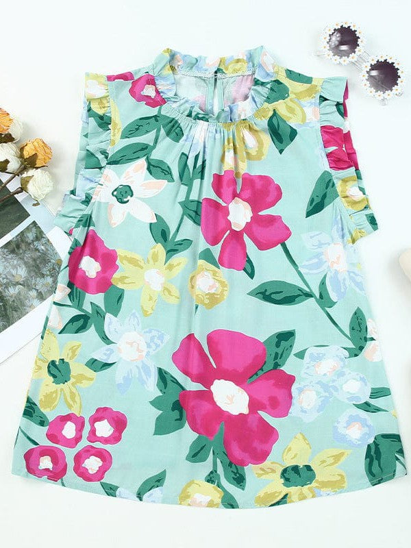 Fashionable Women's Round Neck Ruffle Bottom Vest with Plant Flower Print