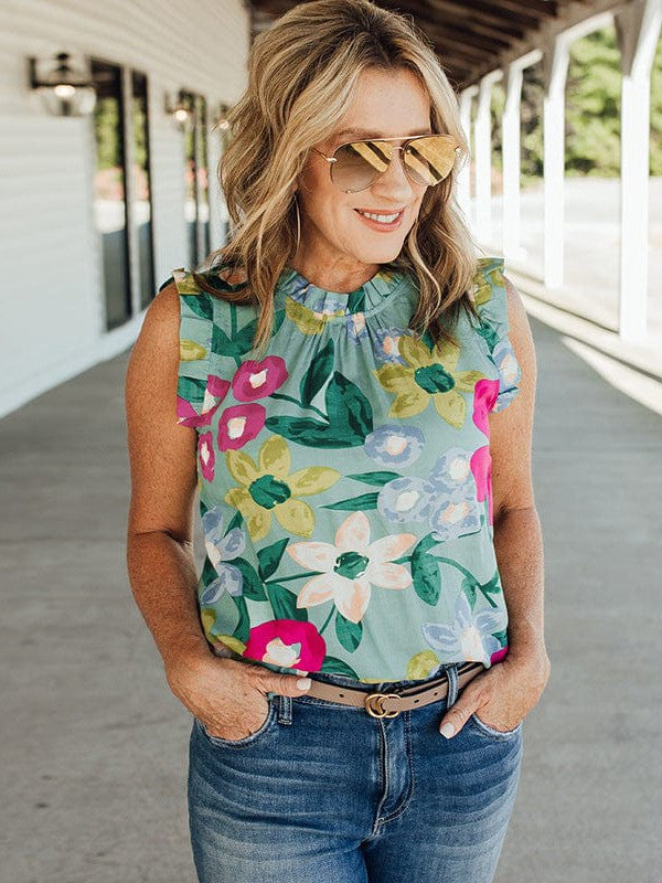 Fashionable Women's Round Neck Ruffle Bottom Vest with Plant Flower Print