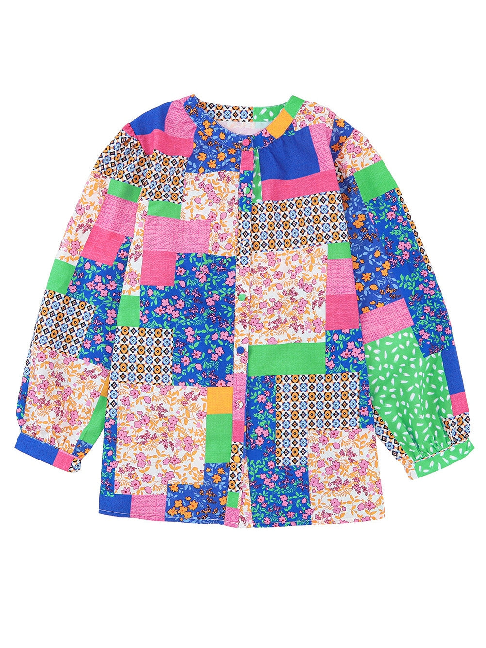 Floral Patchwork Print Button-Up Blouse