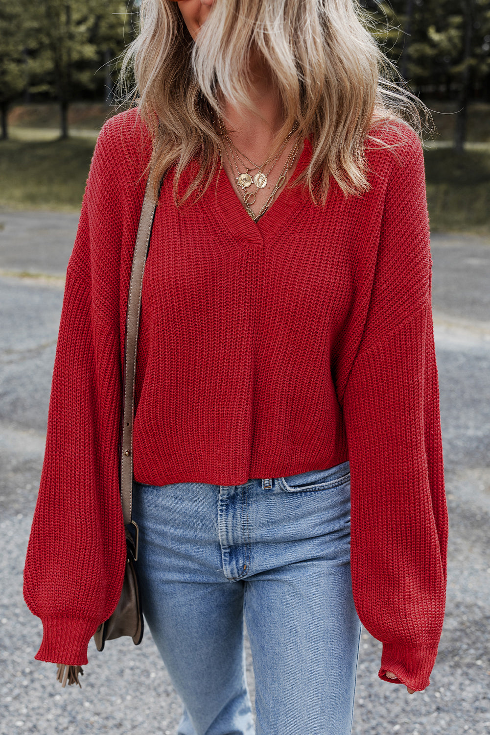 red v neck sweater