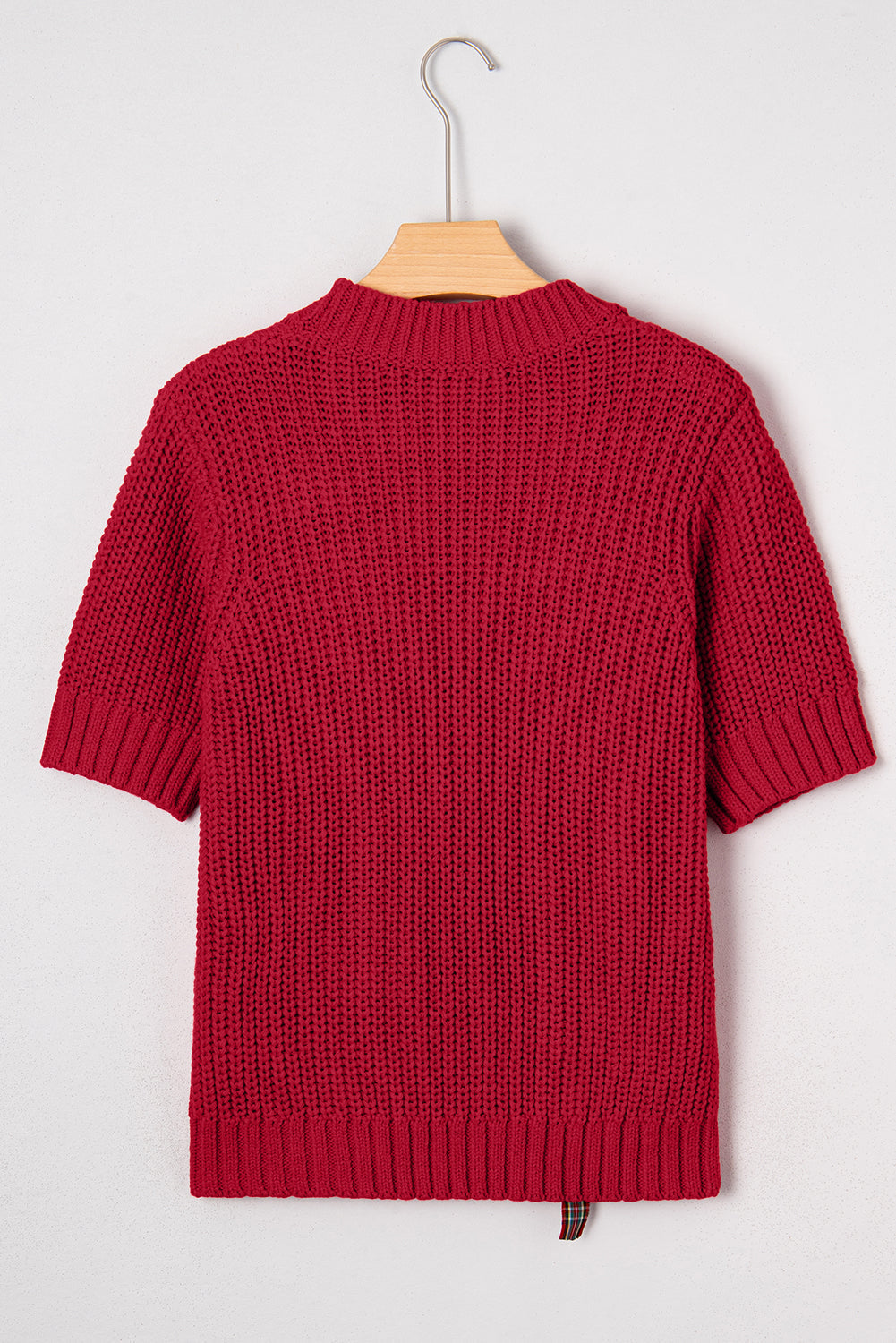 Fiery Red Plaid Lace up Detail Christmas Holiday Puff Short Sleeve Sweater