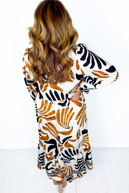 White Plus Size Abstract Print Contrast Collar Split Neck Long Sleeve Midi Dress