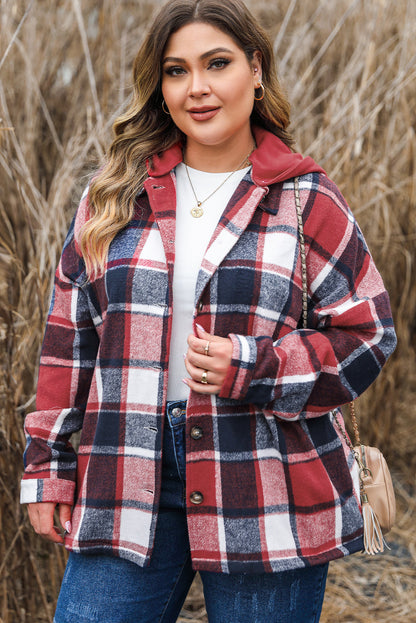 Red Plaid Hooded Jacket for Plus Size Women