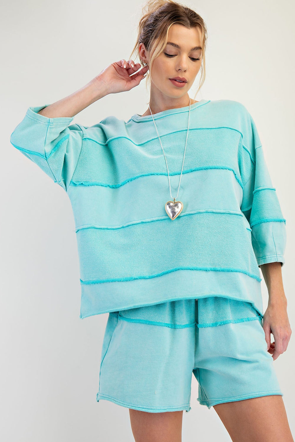 Mint Green Exposed Seam 3/4 Sleeve T Shirt and Lace-up Shorts Set