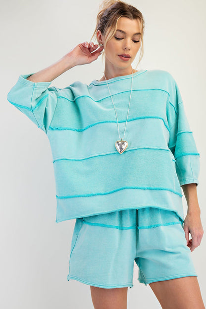 Mint Green Exposed Seam 3/4 Sleeve T Shirt and Lace-up Shorts Set