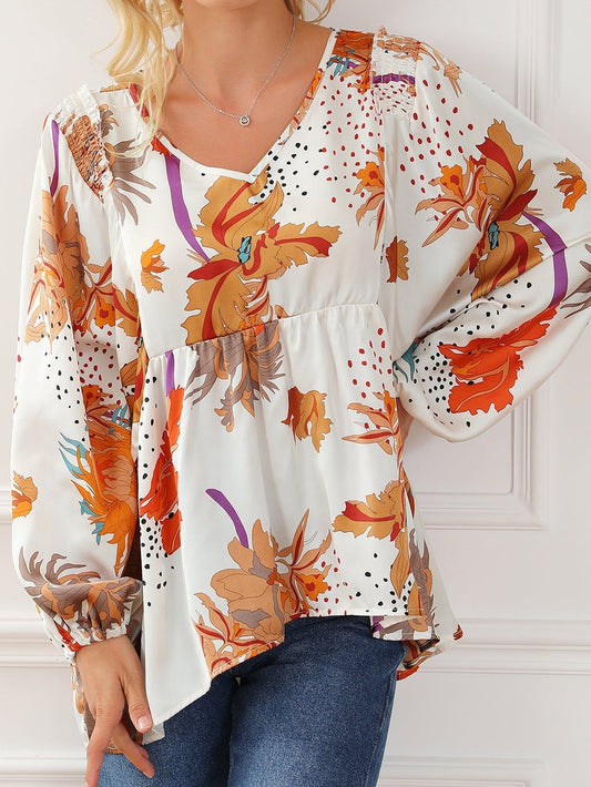 Floral Fantasy V Neck Babydoll Blouse in Multicolor