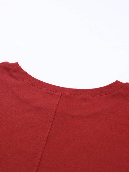 Fiery Red Crew Neck Patchwork Long Sleeve Casual Top