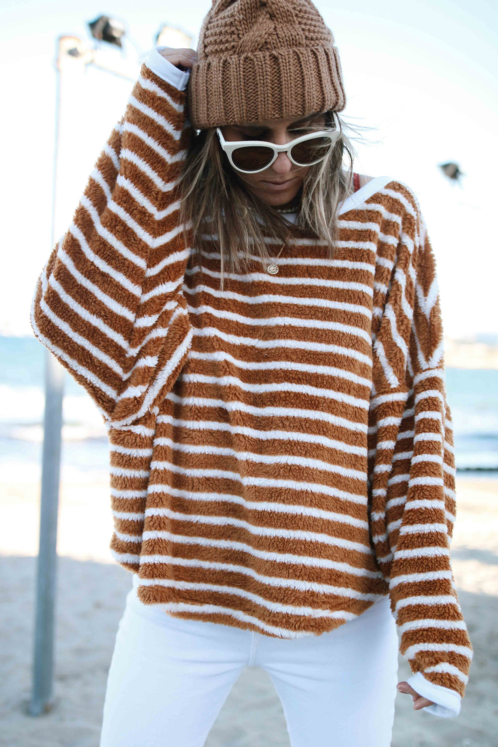 Brown Stripe Plush Drop Shoulder Round Neck Baggy Sweatshirt