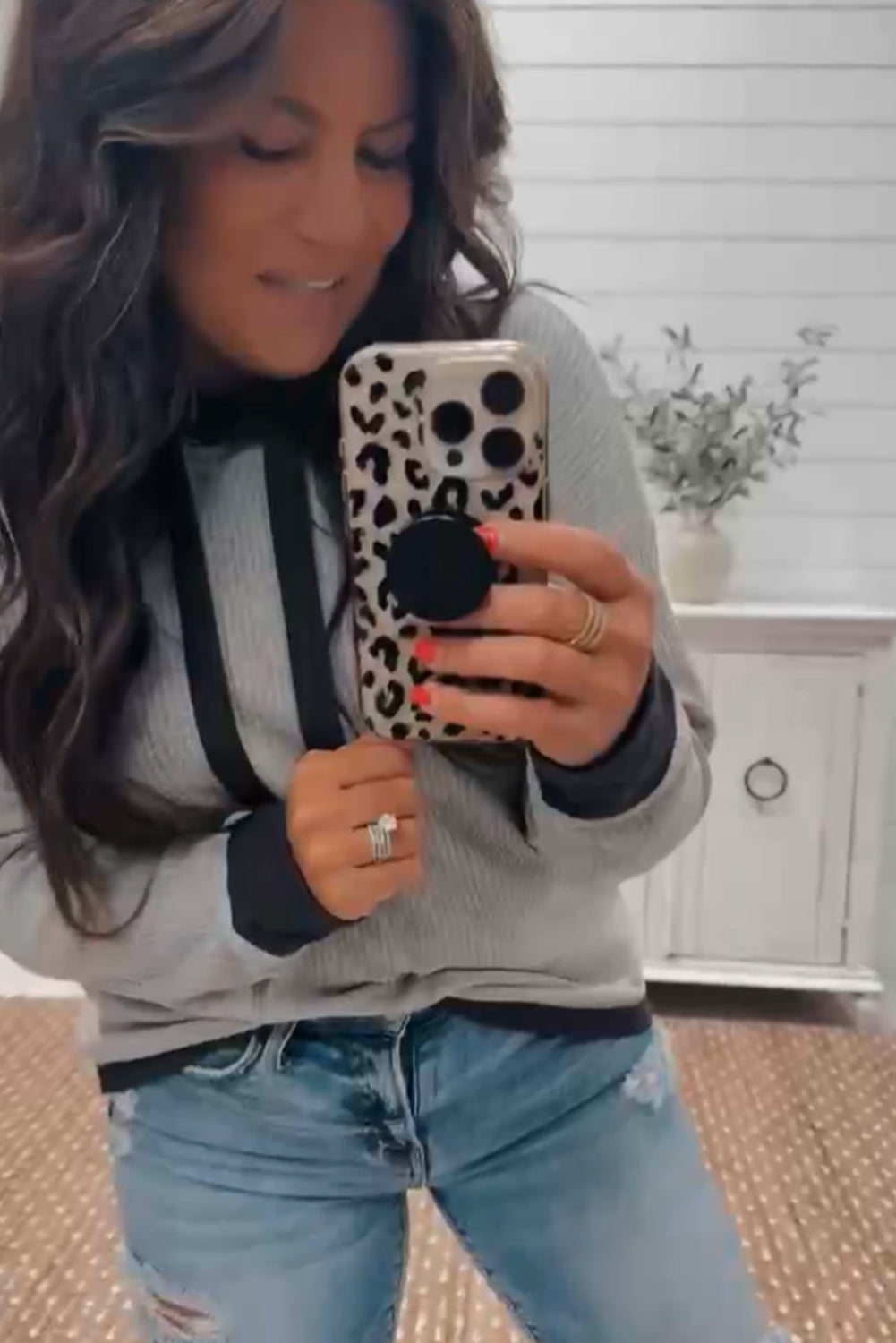 Light Grey Ribbed Knit Contrast Trim Tie Neck Hoodie