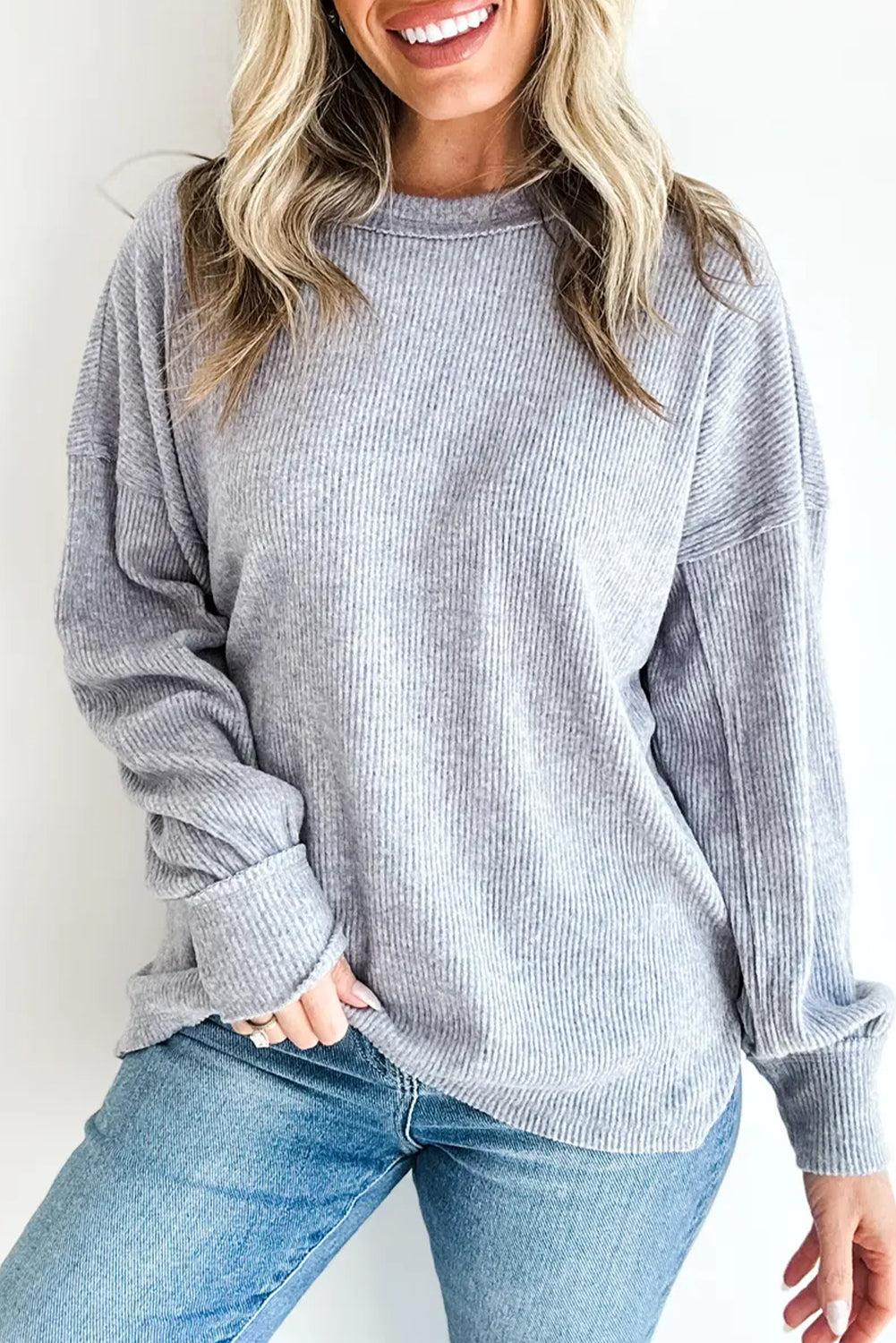 Gray Solid Color Ribbed Knit Raw Seam Long Sleeve Top