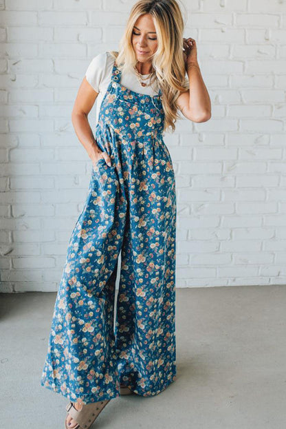 Blue Vintage Rose Printed Pleated Loose Denim Overall Jumpsuit