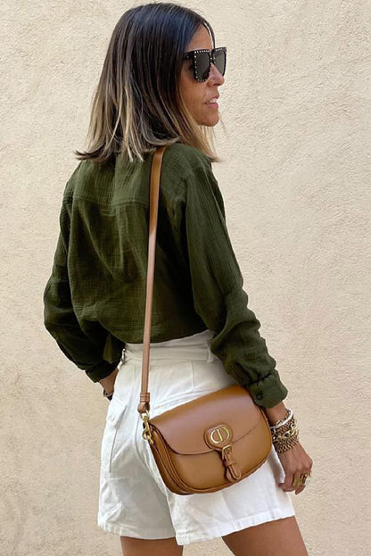 Green Crinkle Textured Button Front Jungle Shirt