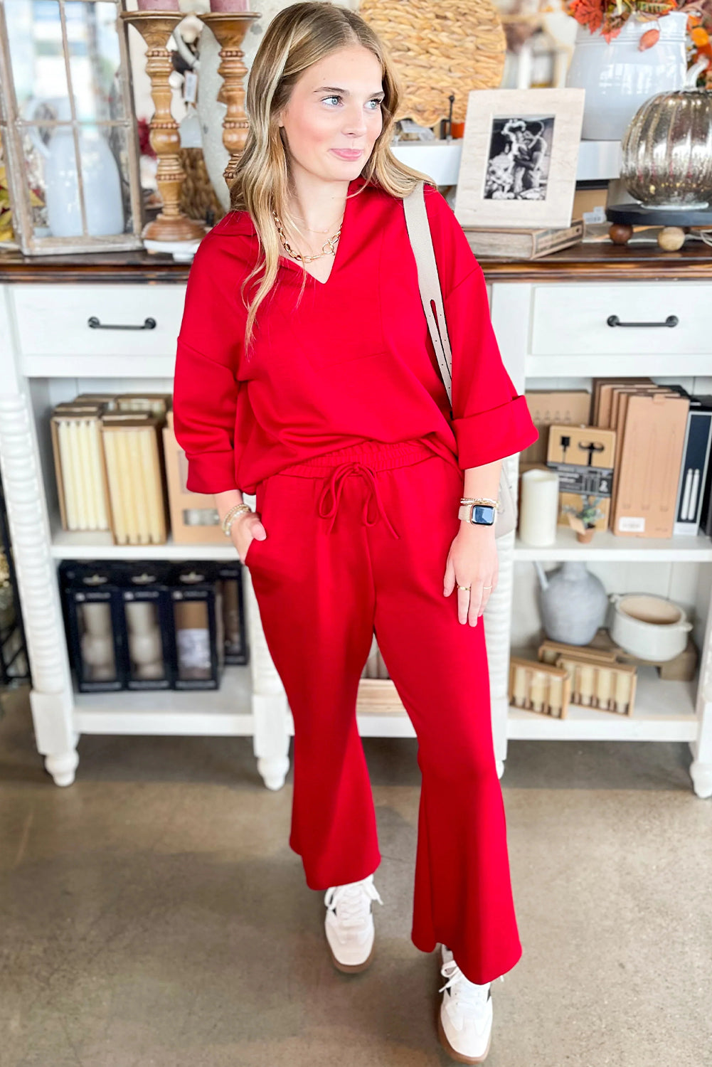 Fiery Red Polo Collar V Neck 3/4 Sleeve Pullover Drawstring Bell Bottom Pants 2pcs Set