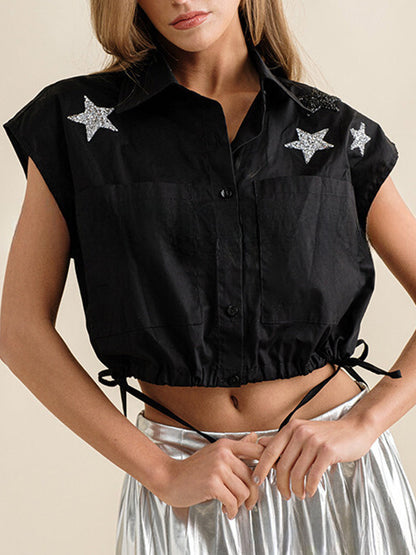 Blouses - Lapel Casual Stylish Loose Print Drawstring Blouse - MsDressly