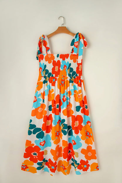 Smocked Floral Print Plus Size White Jumpsuit with Wide Leg