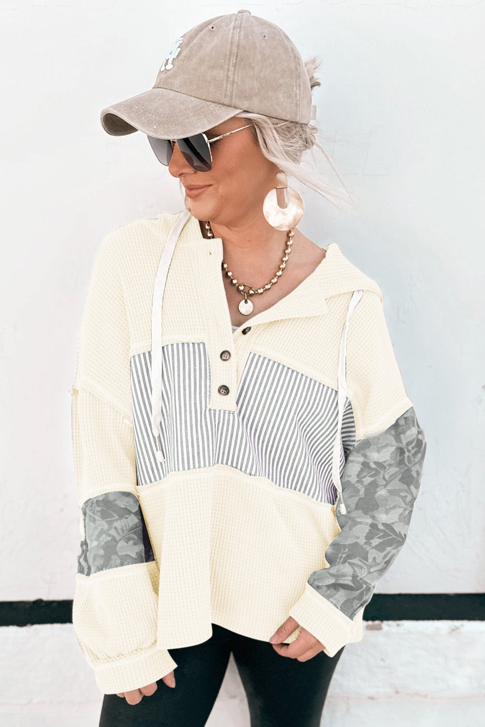 White Waffle Printed Patchwork Drawstring Hooded Long Sleeve Top