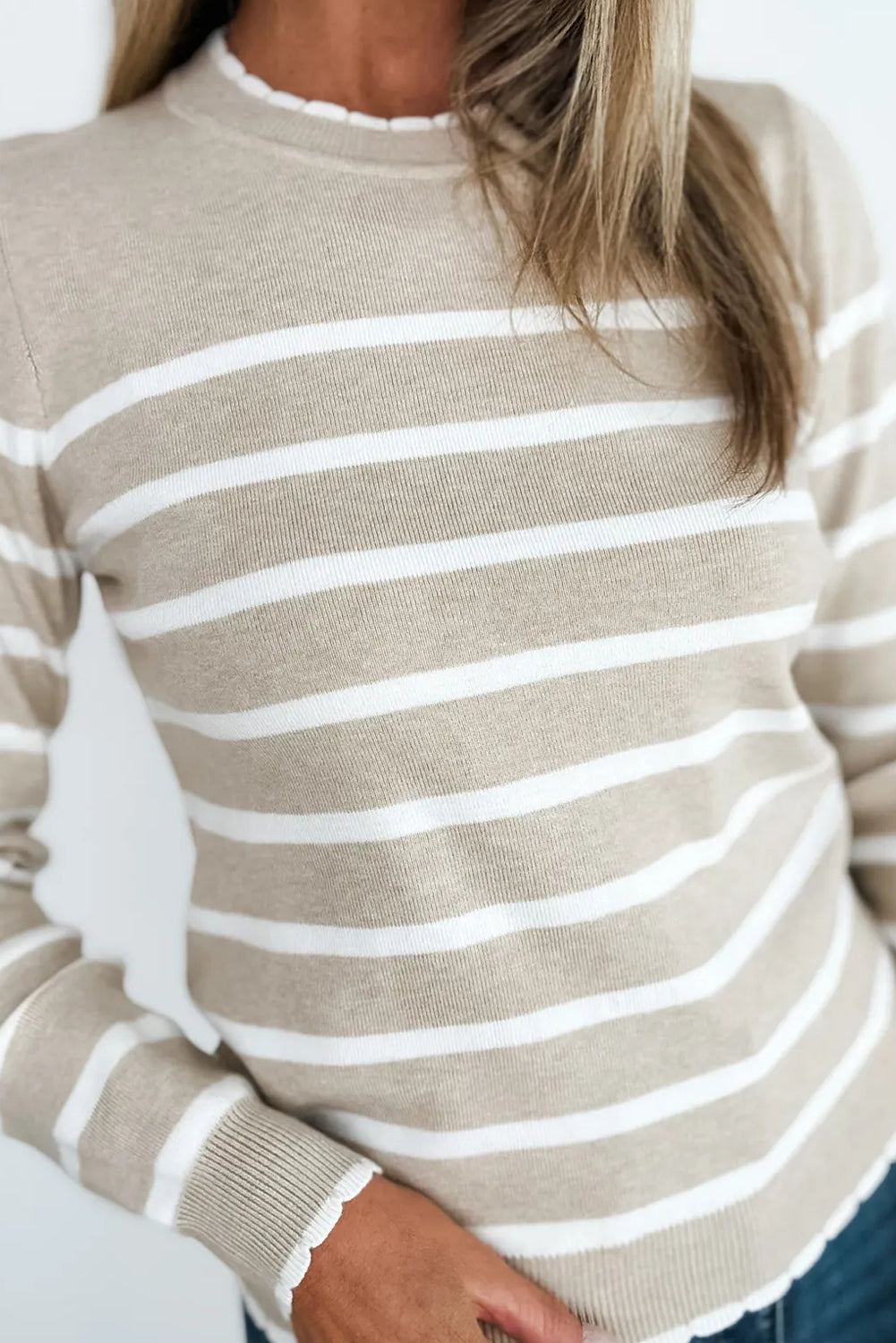 Khaki Stripe Contrast Trim Round Neck Ribbed Knit Sweater