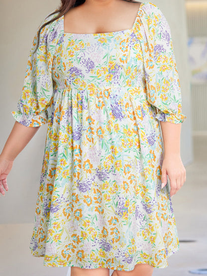 Floral Print Ruffle Sleeve Plus Size Mini Dress
