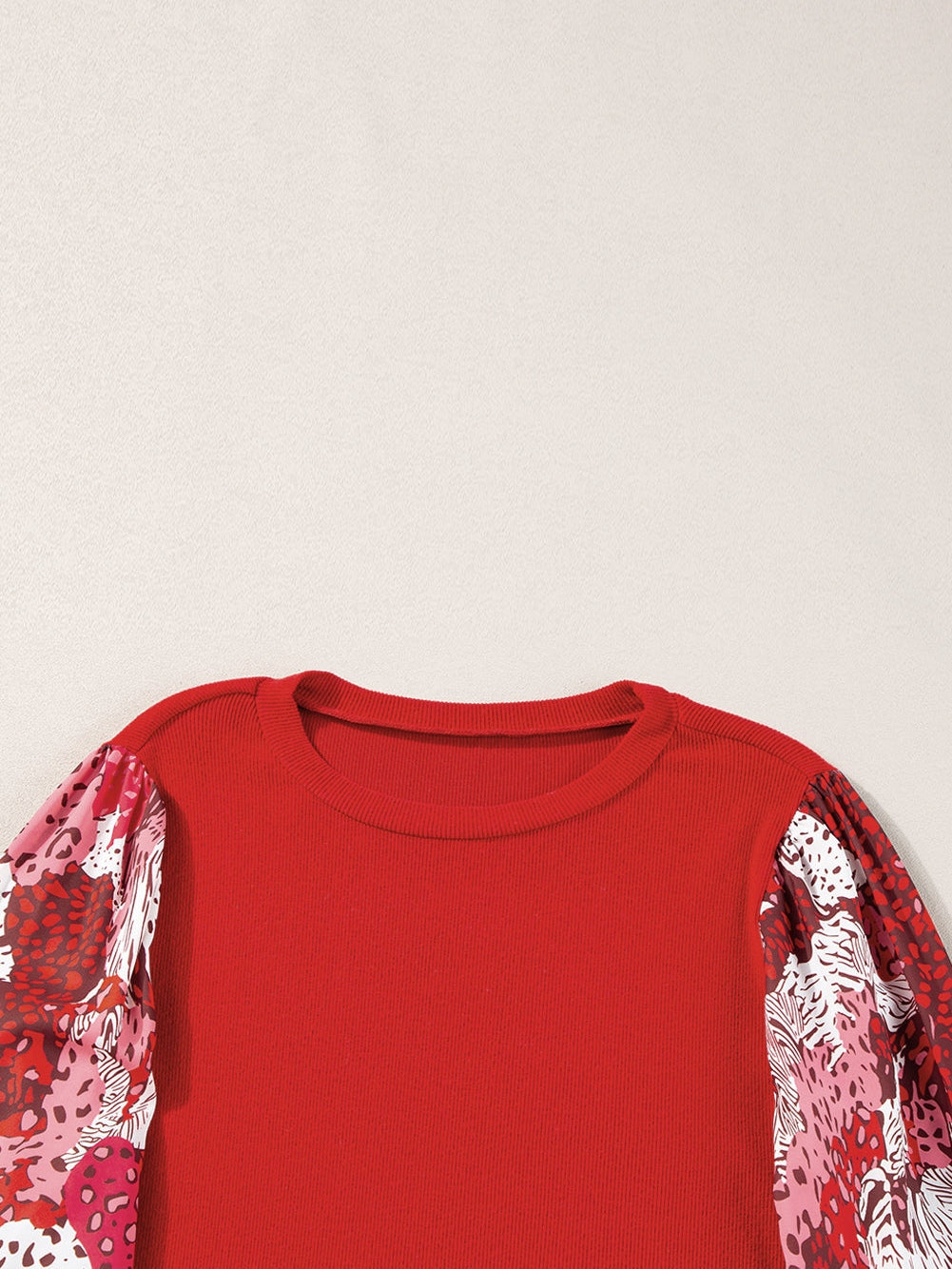 Festive Red Animal Print Lantern Sleeve Patchwork Top