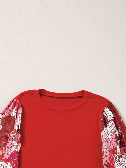 Festive Red Animal Print Lantern Sleeve Patchwork Top