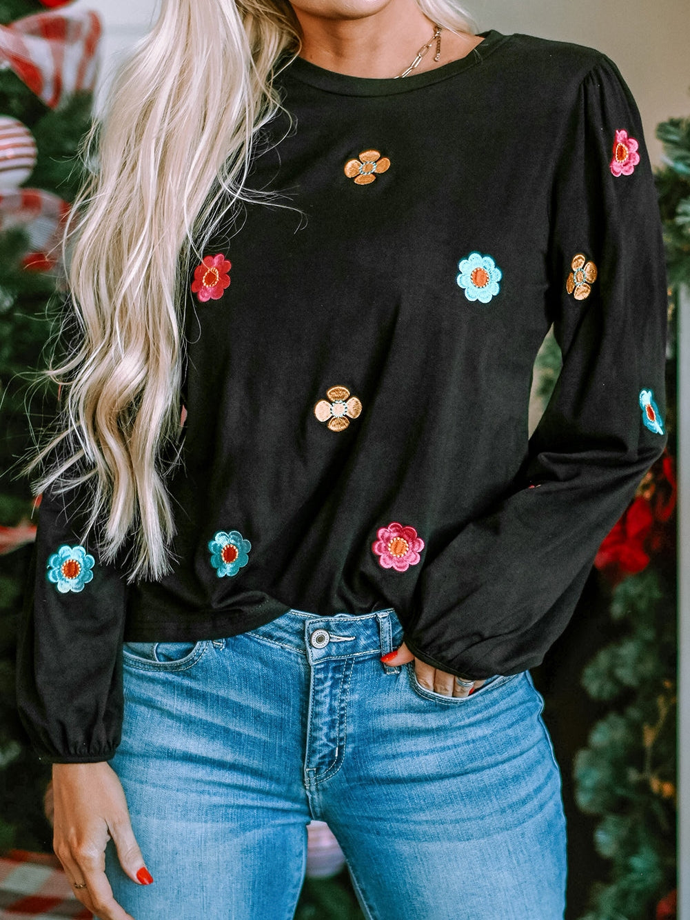 Elegant Black Floral Embroidered Blouse with Puff Sleeves
