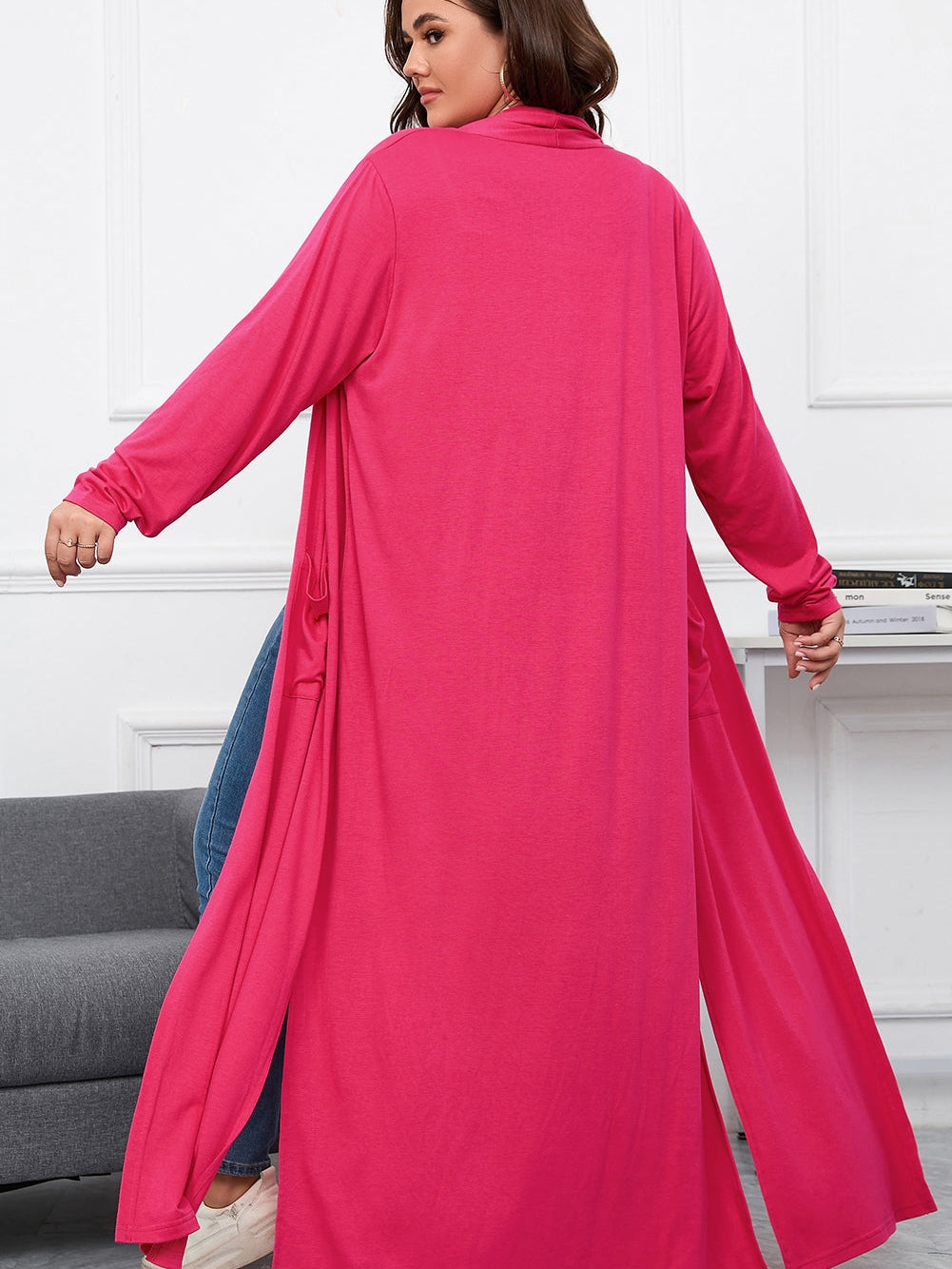 Strawberry Pink Plus Size Side Split Pockets Duster Cardigan