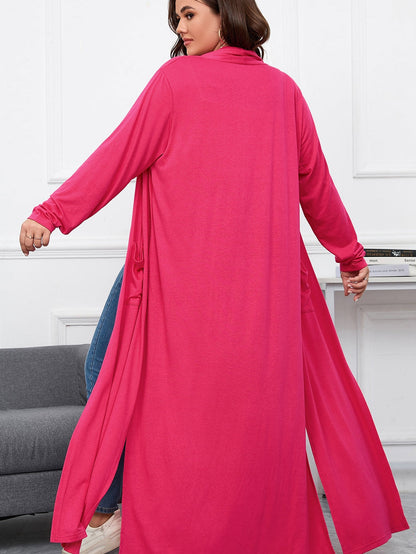 Strawberry Pink Plus Size Side Split Pockets Duster Cardigan