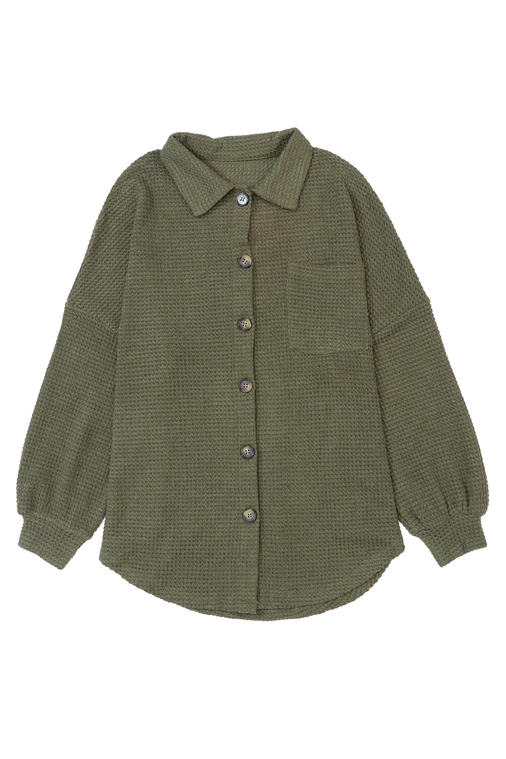 Green Textured Waffle Knit Button Down Blouse