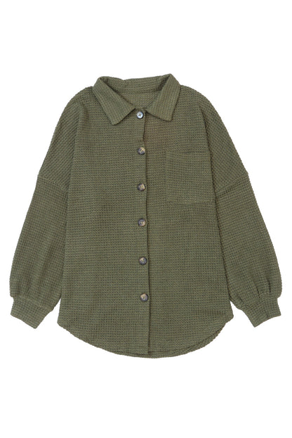 Green Textured Waffle Knit Button Down Blouse
