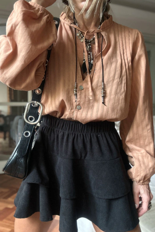 Grapefruit Orange Striped Jacquard Tie Split Neck Long Puff Sleeve Shirt