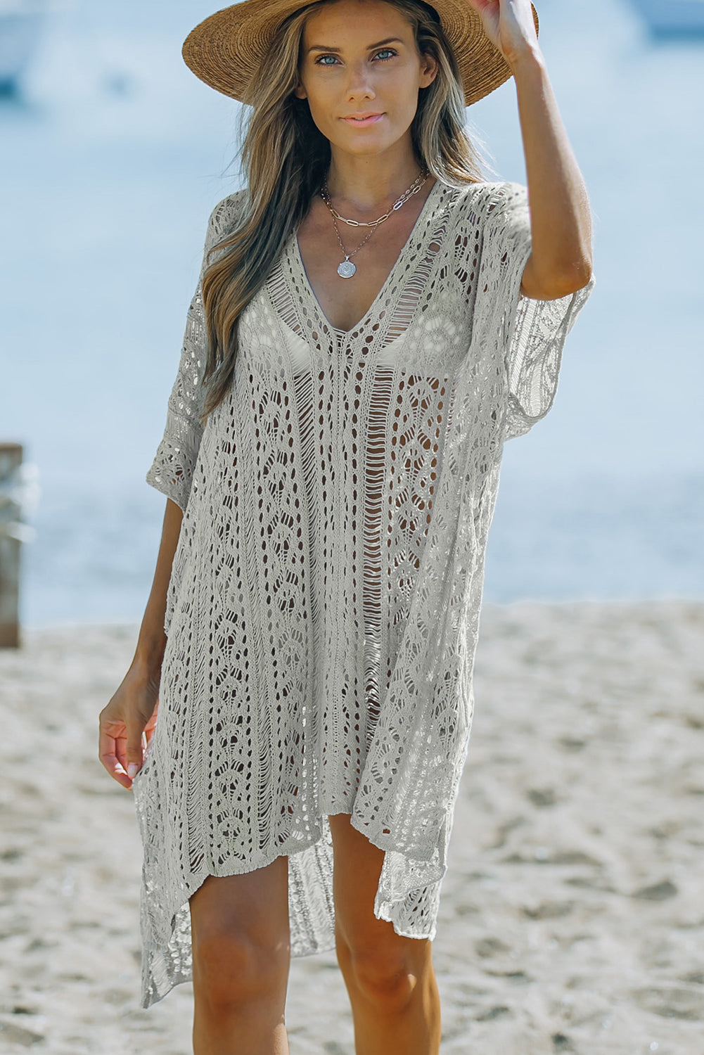 Boho Gray Crochet Beach Dress with Tassel Detail
