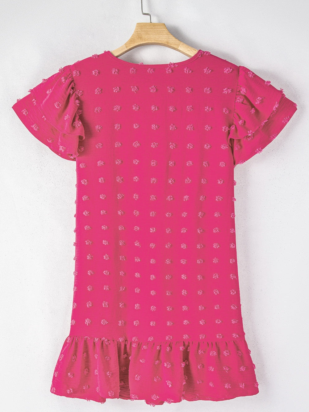 Strawberry Pink Jacquard Ruffle Sleeve Plus Size Mini Dress