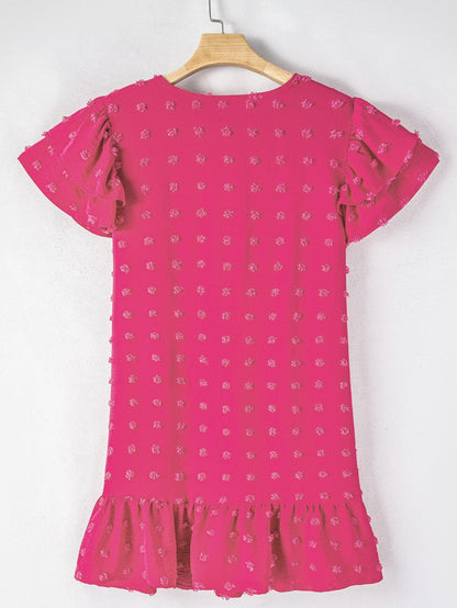 Strawberry Pink Jacquard Ruffle Sleeve Plus Size Mini Dress
