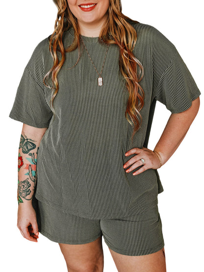 Moss Green Plus Size Rib Knit Short Sleeve Top and Shorts Set