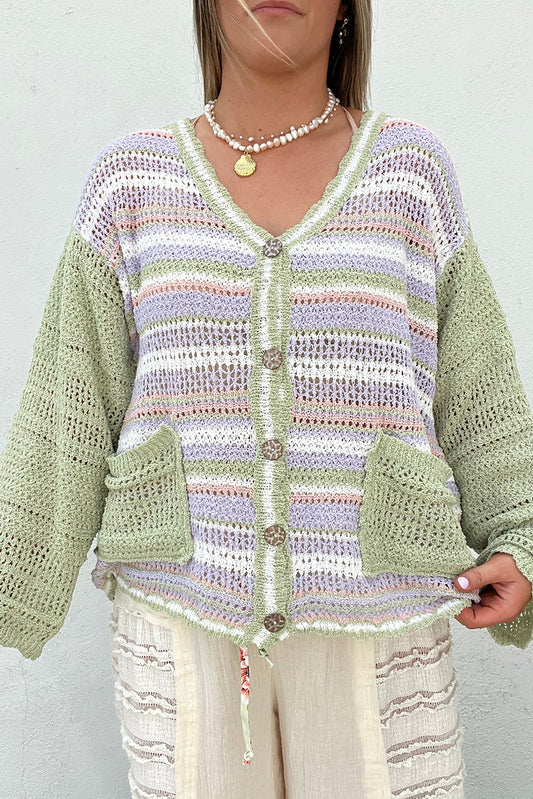 Multicolour Striped Knit Color Block Patch Pocket Button V Neck Cardigan