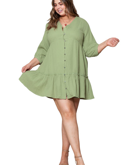 Green Textured Ruffled Buttoned V Neck Plus Size Mini Dress