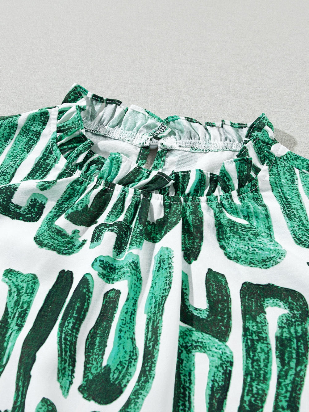 Green Floral Embroidered Puff Sleeve Frilled Neck Shift Top