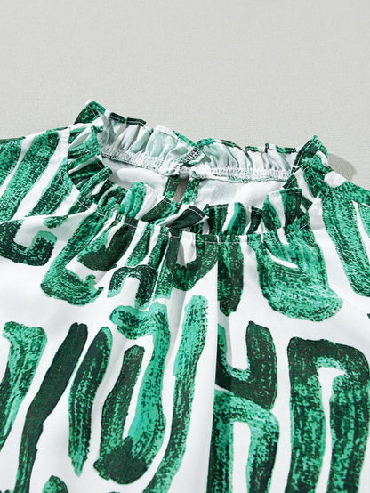 Green Floral Embroidered Puff Sleeve Frilled Neck Shift Top