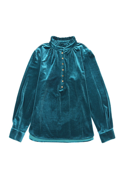 Frilled Neck Green Velvet Top with Buttoned Front