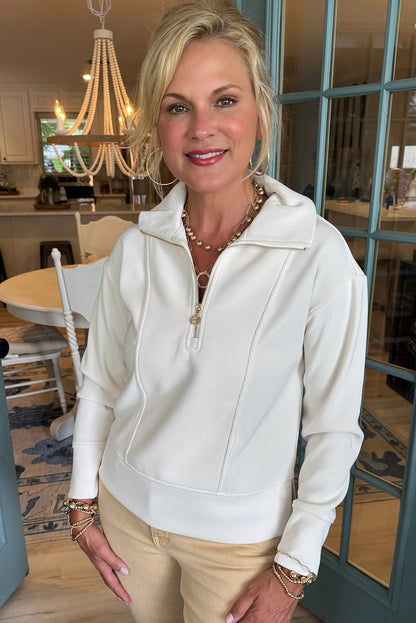 White Zip up Polo Collared Ribbed Sweatshirt